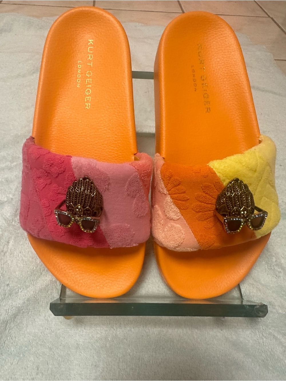 Kurt Geiger Orange Pink Yellow Plush Slide Sandals with Embellished Hardware